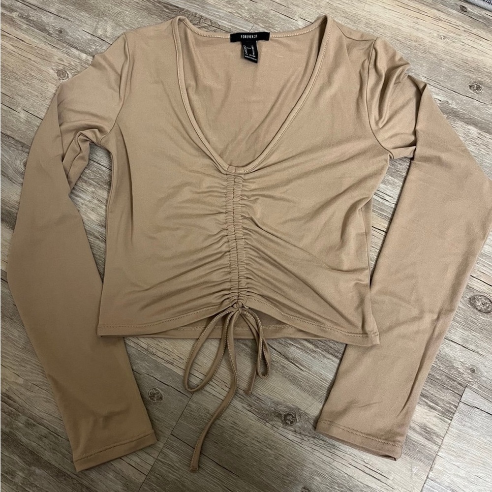 Forever 21 Beige Long Sleeve Ruched Top